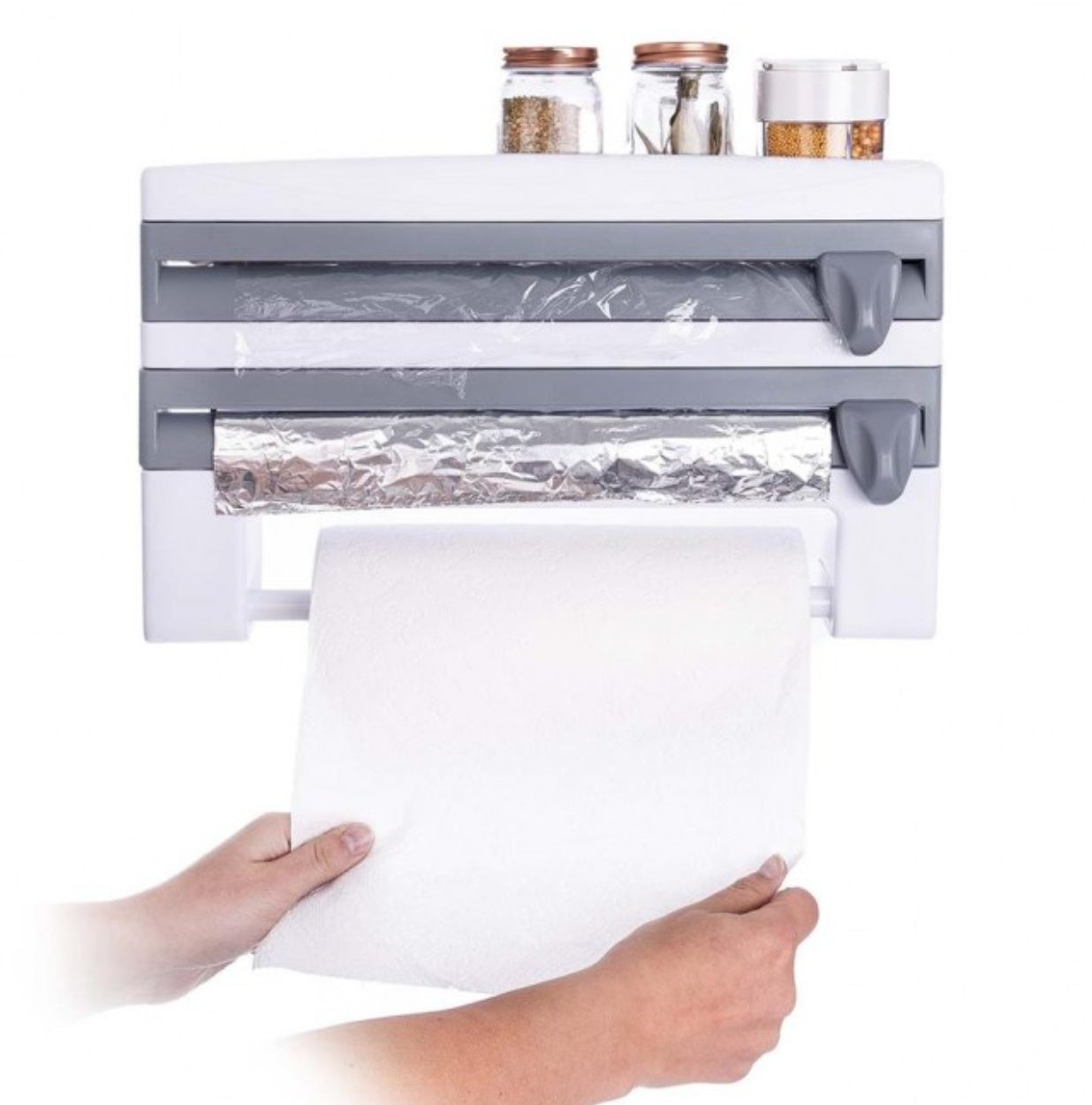 Dispenser triplu de bucatarie pentru rola de hartie, folie de aluminiu si folie alimentara