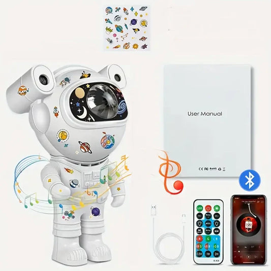 Proiector LED in forma de astronaut cu sunete si lumini, stickere autoadezive, conexiune Bluetooth