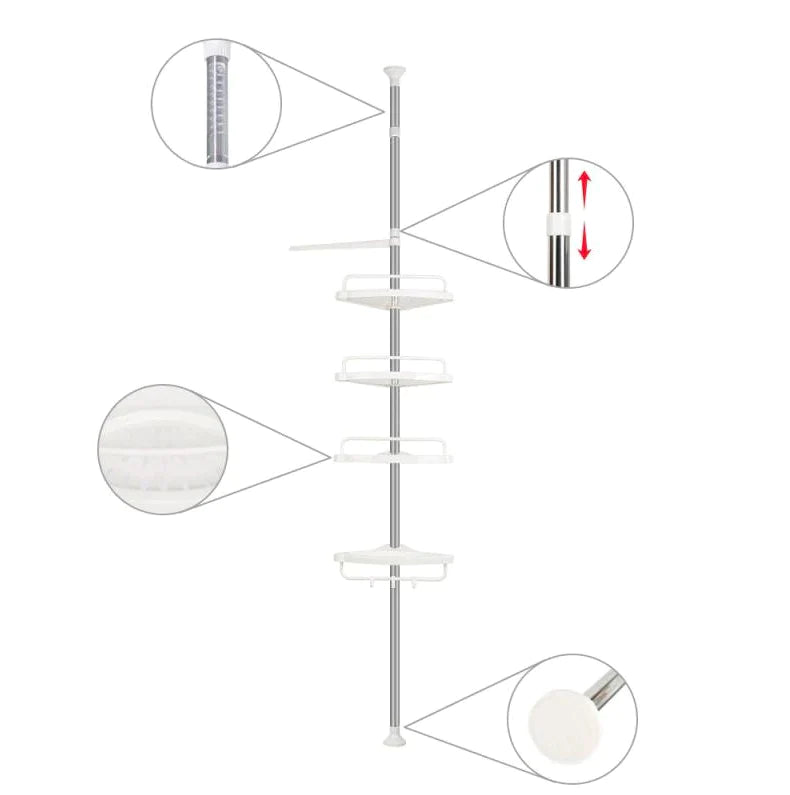 Etajera telescopica pentru baie, 4 rafturi, 100-260 cm + CADOU 4 picioruse antiderapante pentru mașina de spălat sau mobilier