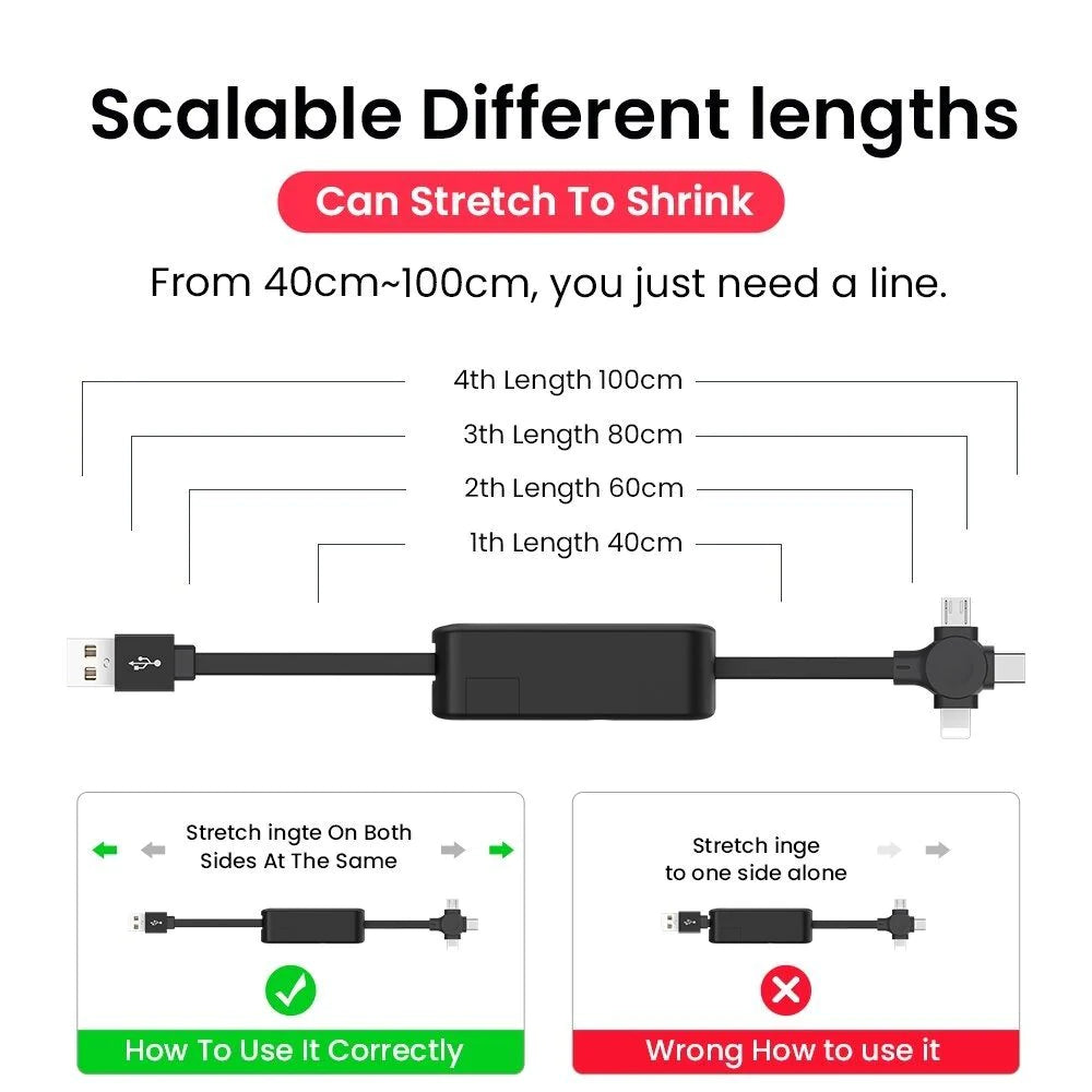 1 + 1 CADOU - Cablu De Date 3n1, Retractabil, USB-C/USB/Lightning/MicroUSB, 2.4 A, 1 m, Negru